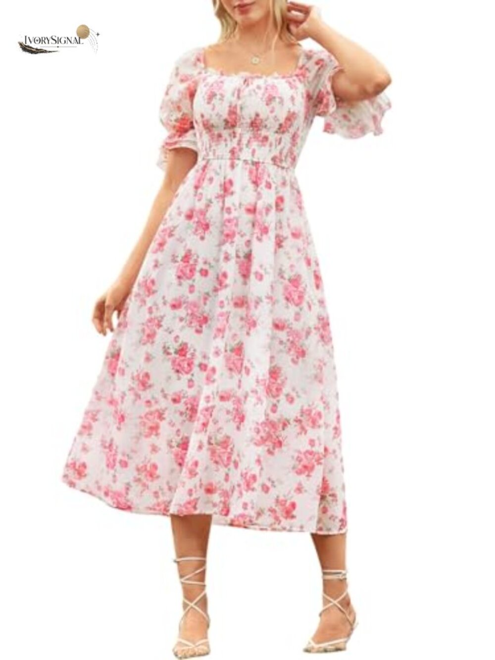 Smocked Midi Dress Ruffle Sleeve Square Neck A-Line Floral